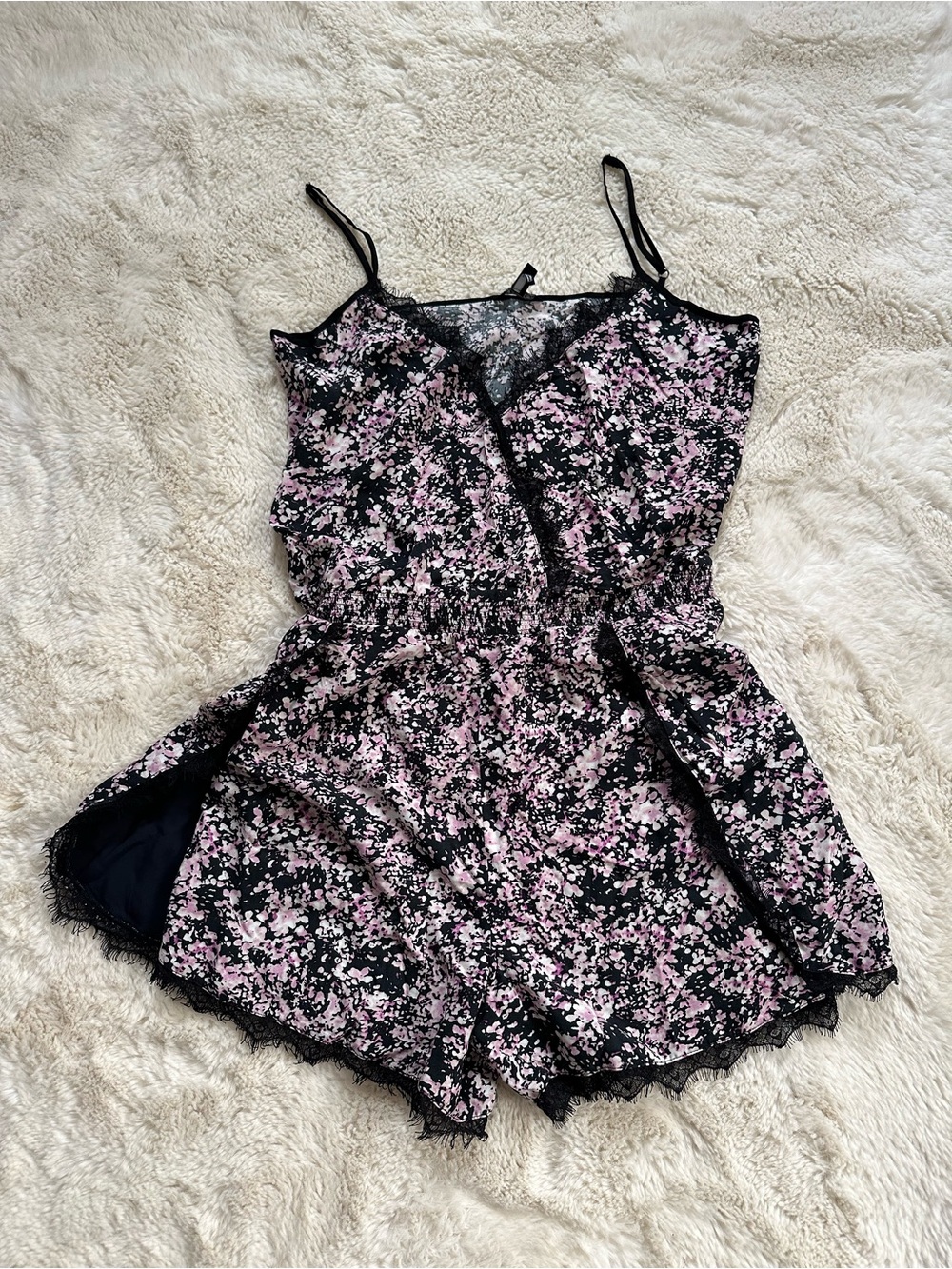 Buffalo Black & Pink Floral Lace-Trim Romper